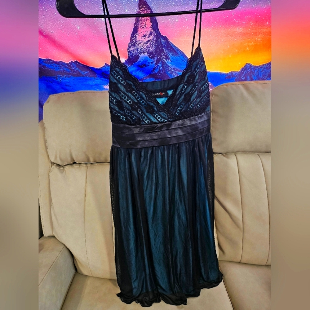 Semi formal dress black and teal chiffon strappy cocktail dress LG